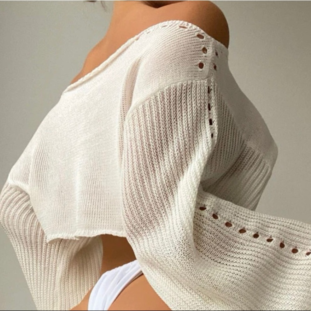 Crop top bell sleeve bikini cover-up beach tops sexy wide sleeve creamy white - Picture 3 of 5